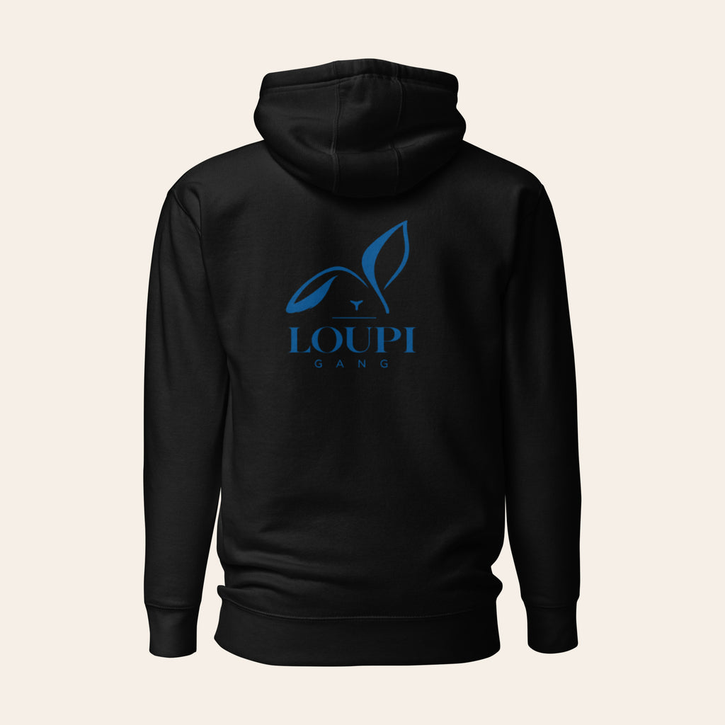 Black LOUPI GANG Quiet Rebel pullover hoodie, back view, with the large blue LOUPI GANG rabbit logo printed between the shoulders. Product mockup.