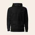 Black LOUPI GANG Quiet Rebel pullover hoodie, front view, with a small blue embroidered rabbit logo on the left chest. Product mockup.
