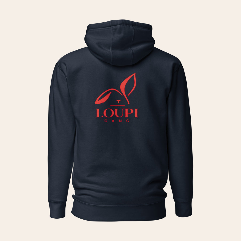 Navy Blazer LOUPI GANG Quiet Rebel pullover hoodie, back view, with the large red LOUPI GANG rabbit logo printed between the shoulders. Product mockup.