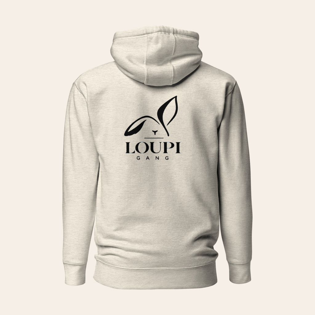 Oatmeal Heather LOUPI GANG Quiet Rebel pullover hoodie, back view, with the large black LOUPI GANG rabbit logo printed between the shoulders. Product mockup.