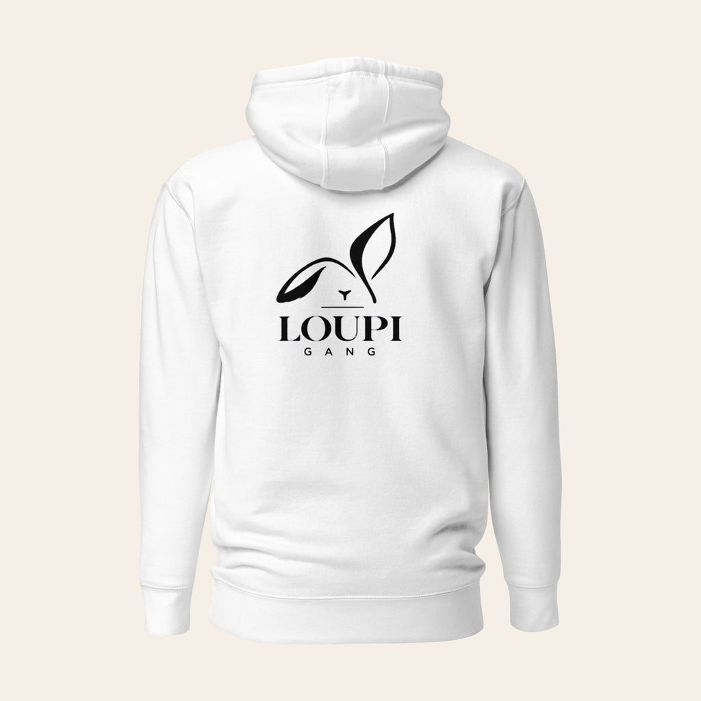 White LOUPI GANG Quiet Rebel pullover hoodie, back view, with the large black LOUPI GANG rabbit logo printed between the shoulders. Product mockup.