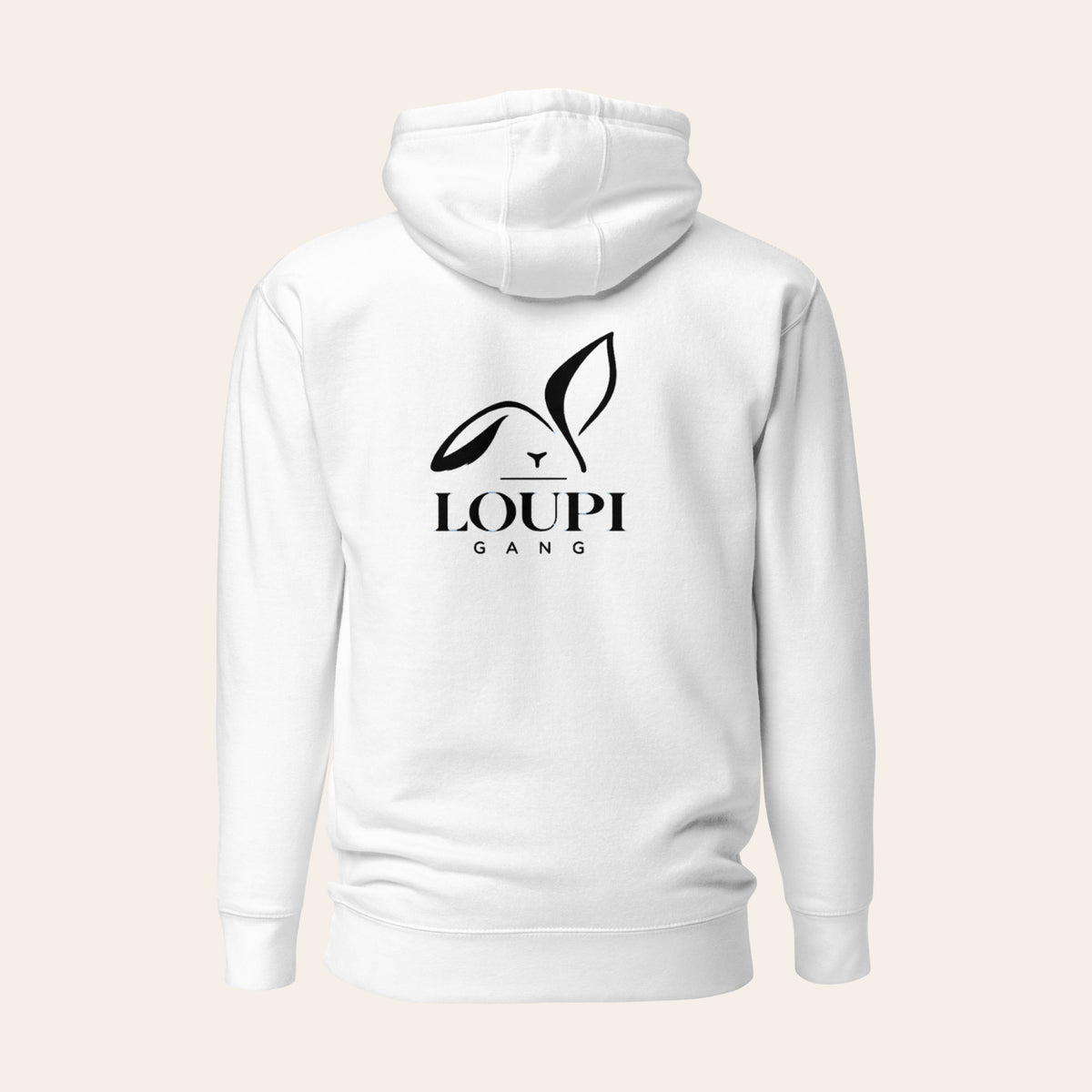 White LOUPI GANG Quiet Rebel pullover hoodie, back view, with the large black LOUPI GANG rabbit logo printed between the shoulders. Product mockup.