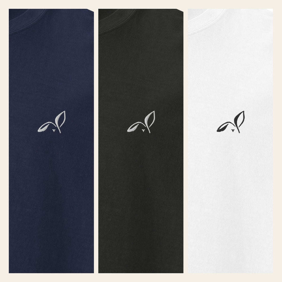 LOUPI GANG Signature Embroidered Tee in Navy, Washed Black and White, chest embroidery close-up side by side