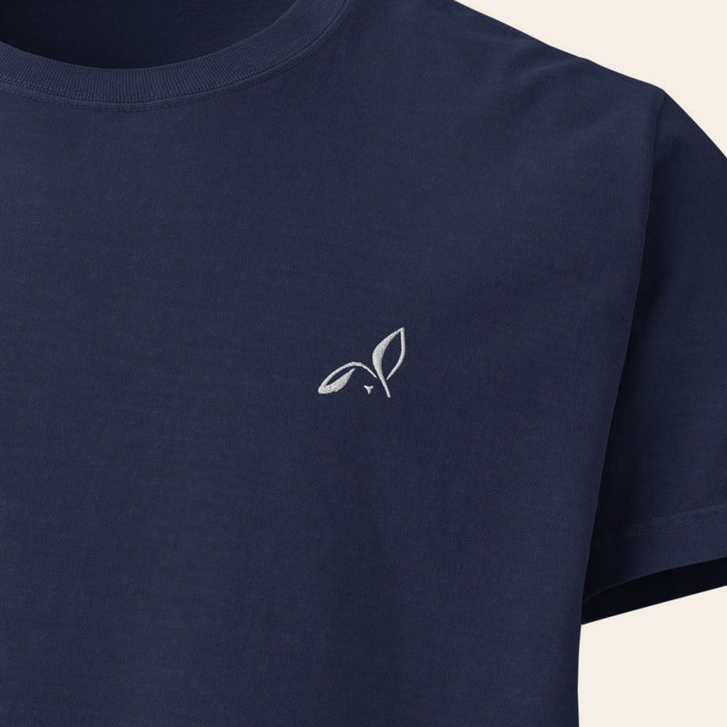 LOUPI GANG Signature Embroidered Tee in Navy, close-up of the white embroidered rabbit on the left chest
