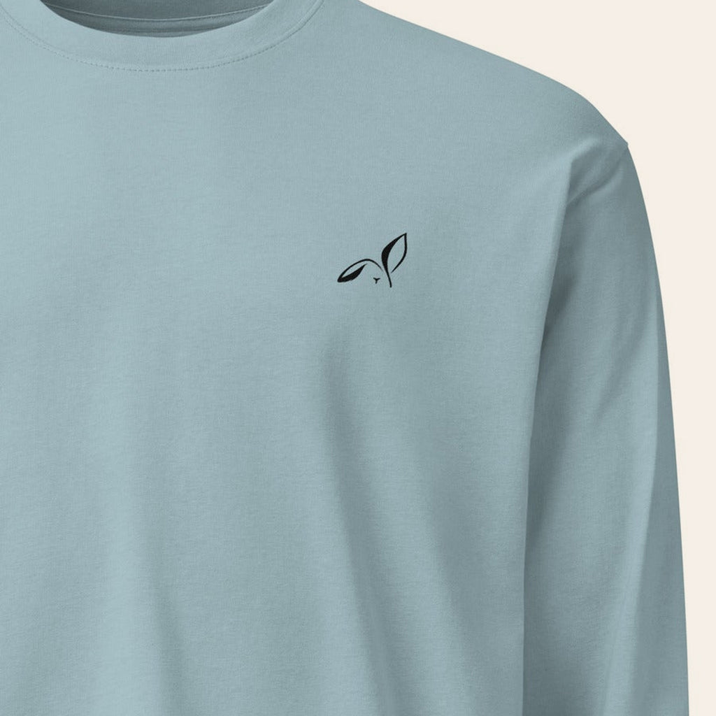 LOUPI GANG Studio Long Sleeve in Agave, close-up of the black printed rabbit at the left chest and ribbed collar