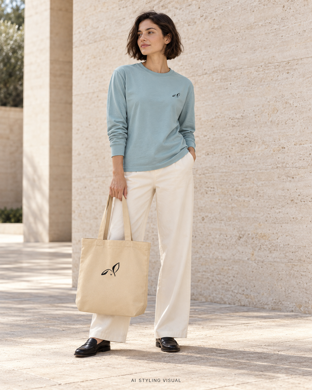 AI styling visualization — adult woman wearing LOUPI GANG Studio Long Sleeve in Agave with Oyster Organic Tote; styling illustration, not a photograph of a finished sample