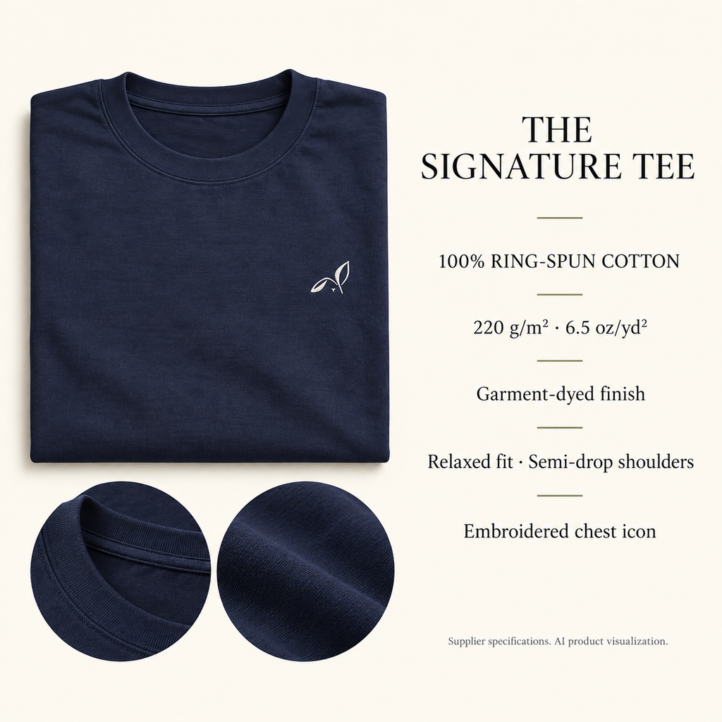 Supplier specifications — Signature Tee, 100% ring-spun cotton, 220 gsm, relaxed fit; AI product visualization
