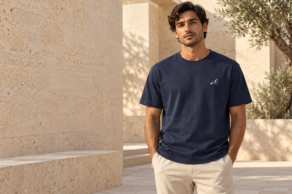 AI styling visualization — adult model wearing LOUPI GANG navy Signature Tee, ivory embroidered chest rabbit without eyes