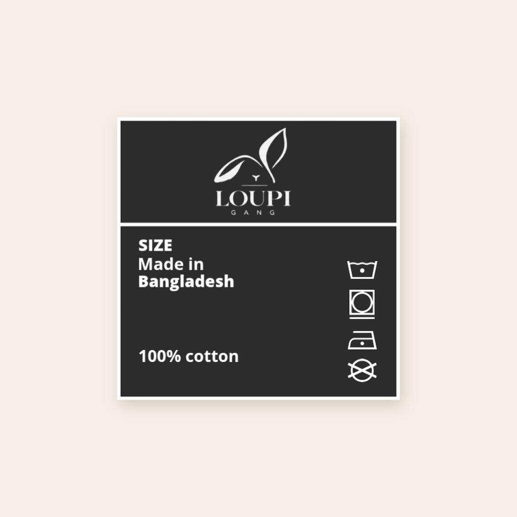 LOUPI GANG Signature Heavyweight Tee inside neck label printed with the rabbit logo, Made in Bangladesh, 100% cotton and care symbols