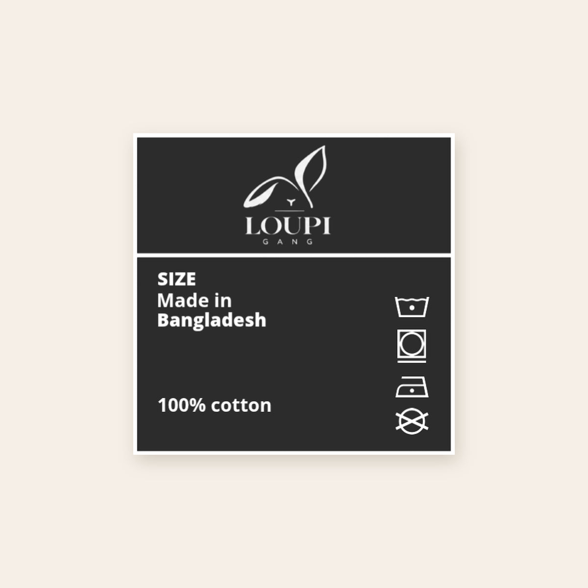 LOUPI GANG Signature Heavyweight Tee inside neck label printed with the rabbit logo, Made in Bangladesh, 100% cotton and care symbols