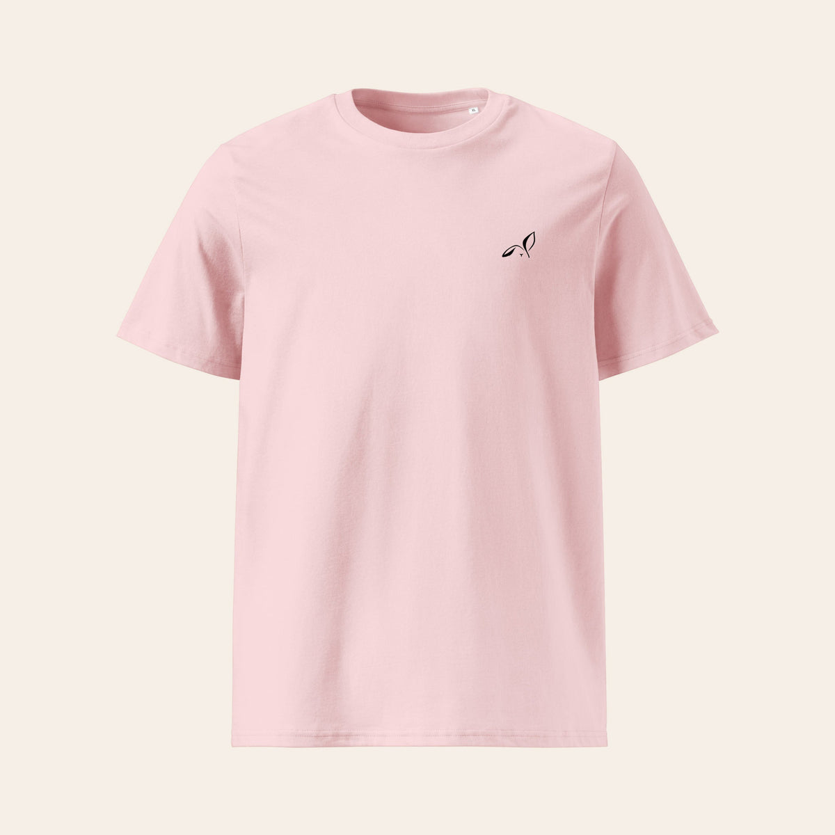 LOUPI GANG Essential Organic Tee in Cotton Pink, flat front view, black printed rabbit on the left chest