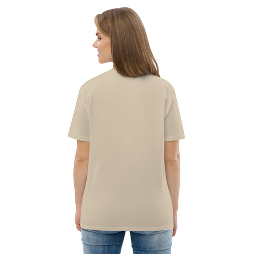 LOUPI GANG Essential Organic Tee in Desert Dust, worn, back view, clean plain back