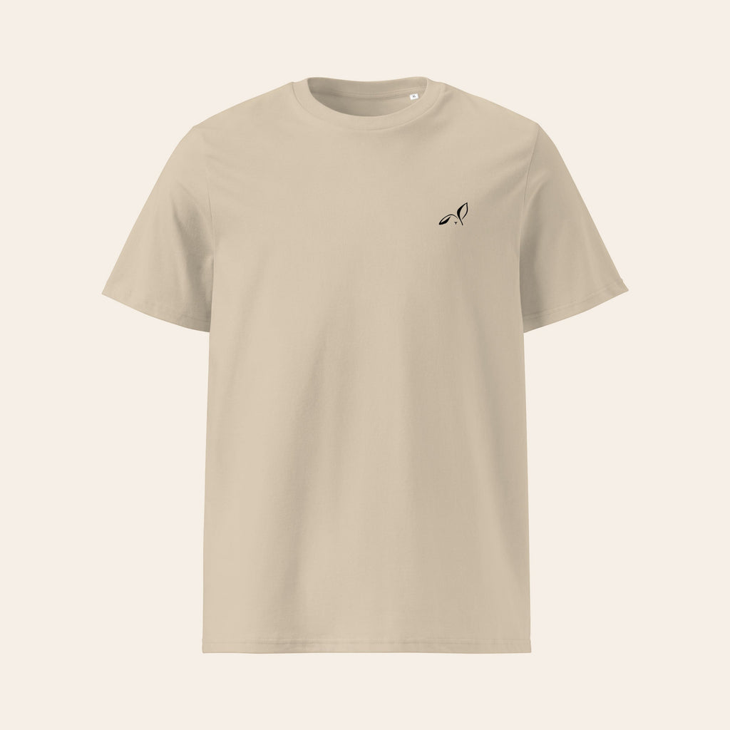 LOUPI GANG Essential Organic Tee in Desert Dust, flat front view, black printed rabbit on the left chest