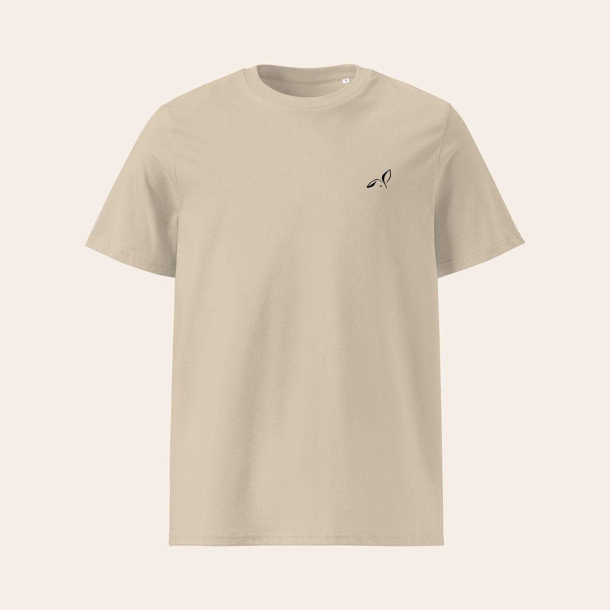LOUPI GANG Essential Organic Tee in Desert Dust, flat front view, black printed rabbit on the left chest