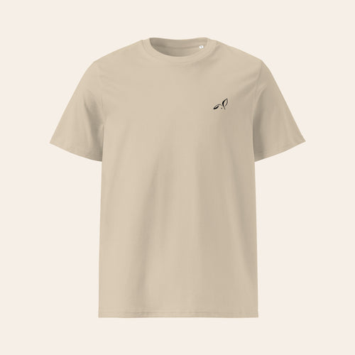 LOUPI GANG Essential Organic Tee in Desert Dust, flat front view, black printed rabbit on the left chest