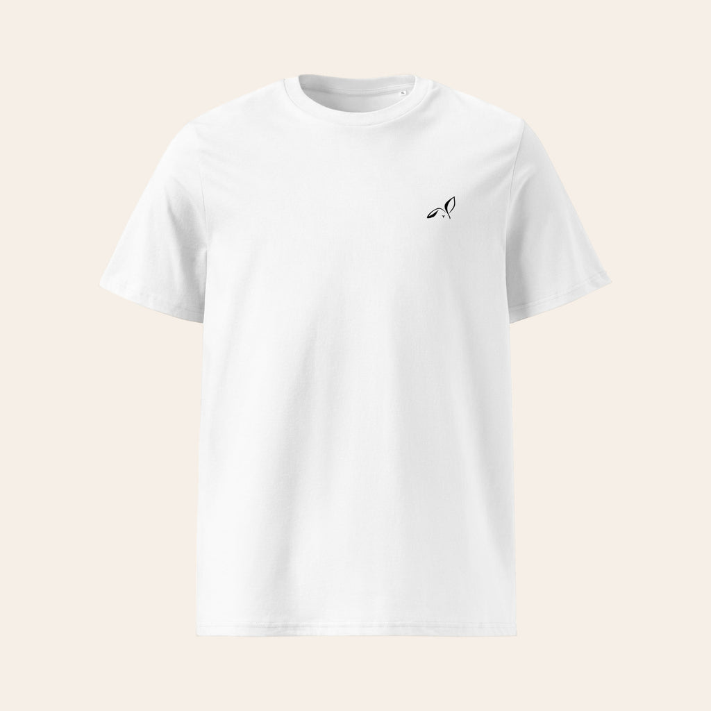 LOUPI GANG Essential Organic Tee in White, flat front view, black printed rabbit on the left chest