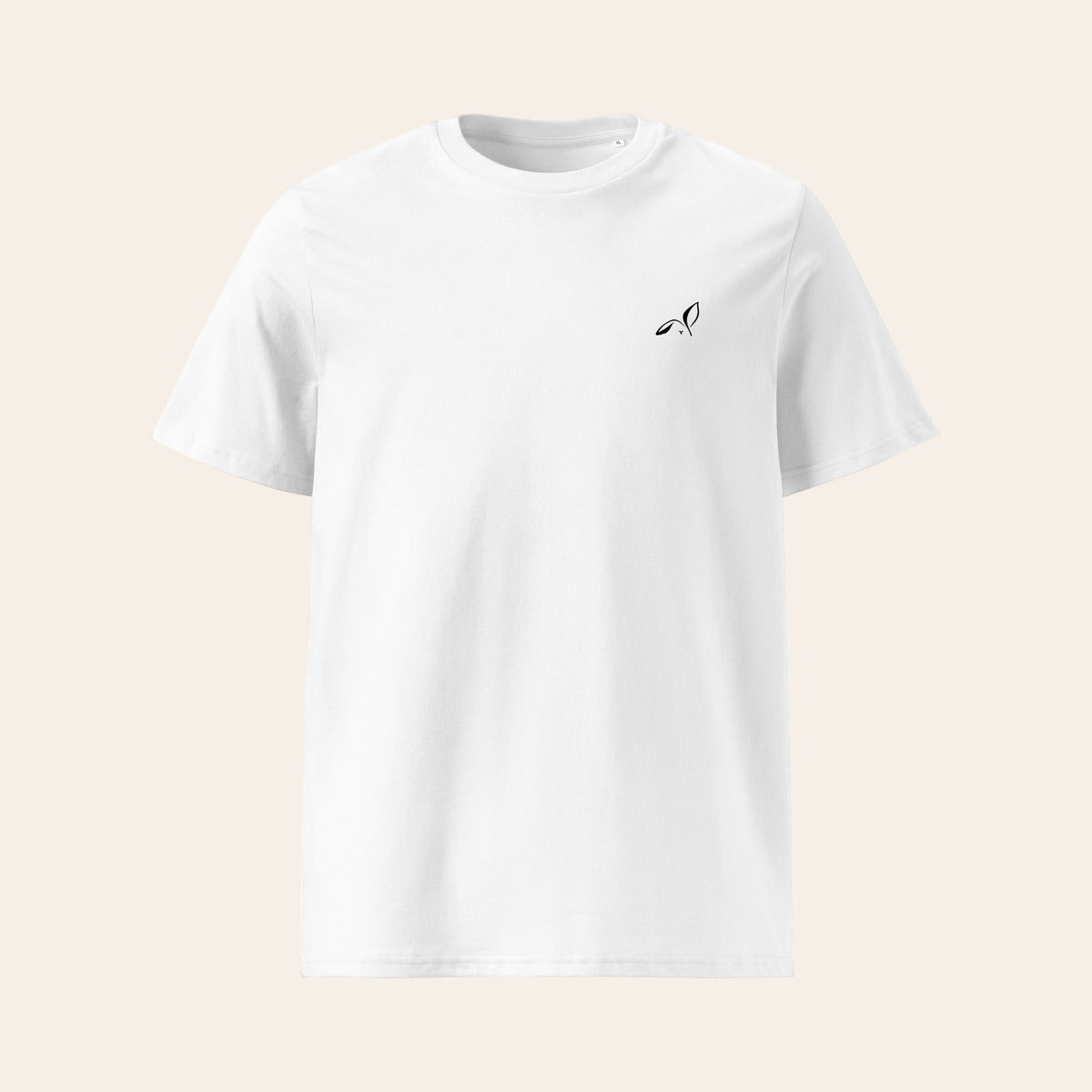 LOUPI GANG Essential Organic Tee in White, flat front view, black printed rabbit on the left chest